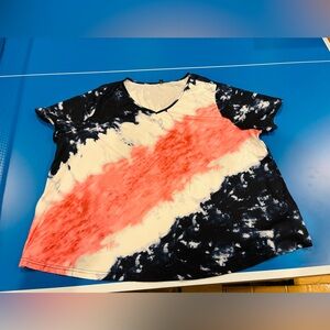 Tie-Dye V-Neck Tee with Coral Stripe, 4XL